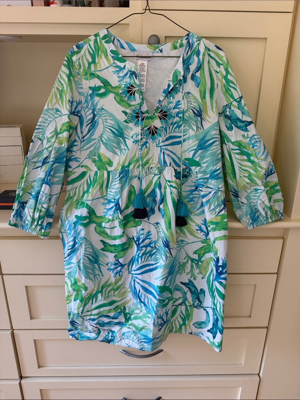 Tommy Bahama Blue and Green Tropical Leaf Tunic with Tassels